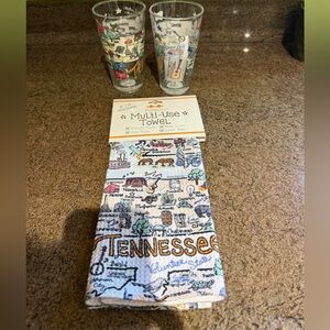 Tennessee-themed collectible drinking glasses set of 2 and Tennessee Dish Towel